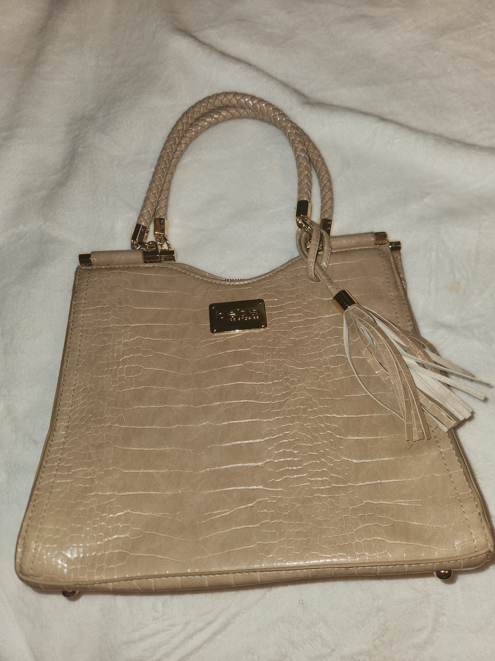 bebe Beige Croc-Embossed Tote with Braided Handles and Tassel
